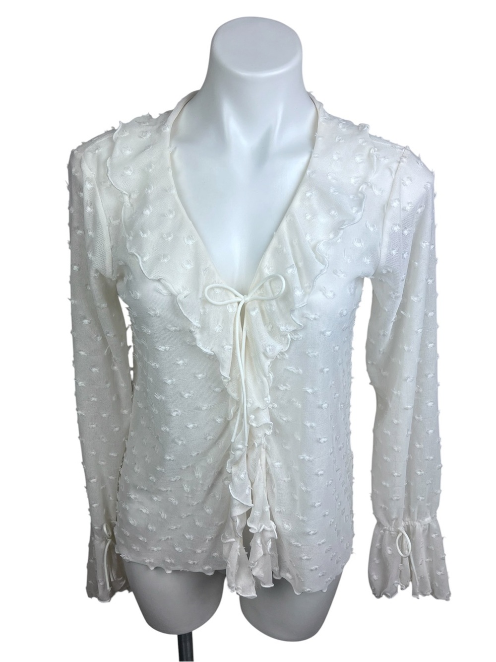 By Anthropologie Swiss Dot Ruffle Blouse Women’s Ivory Tie-Front